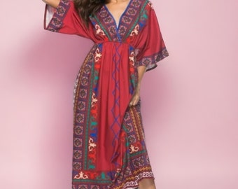 Dark Red Bohemian Cotton Printed Kaftan Maxi Dress, Plus size dress