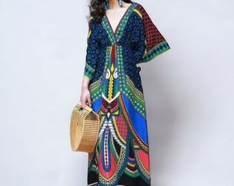 Mixed colors Bohemian Cotton Printed Kaftan Maxi Dress, Plus size dress