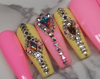 Pink and Yellow Nails with Crystals. Bling on Press on Nails. Custom made Diamond nails. Different shapes and  lengths available.