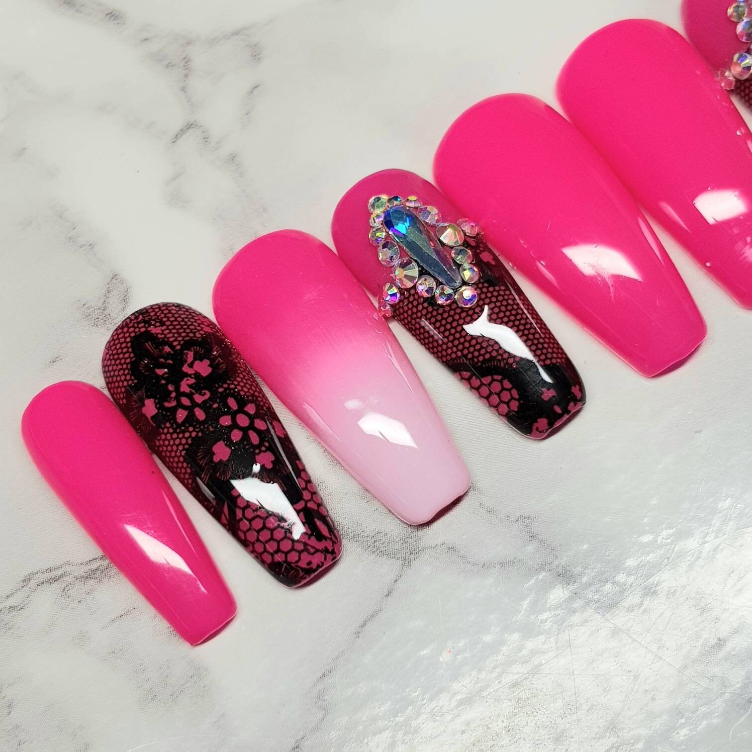 Hot Pink Nails With Ombre Crystals and Lace Design. Custom - Etsy India