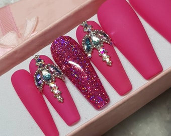 Hot Pink Valentine's Day Nails, Pink Press on Nails with Bling and Holographic Glitter. Different shapes available.