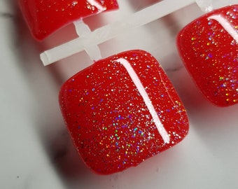 Red Glitter Nails, Red ToeNail Press on nails. Set of 24.