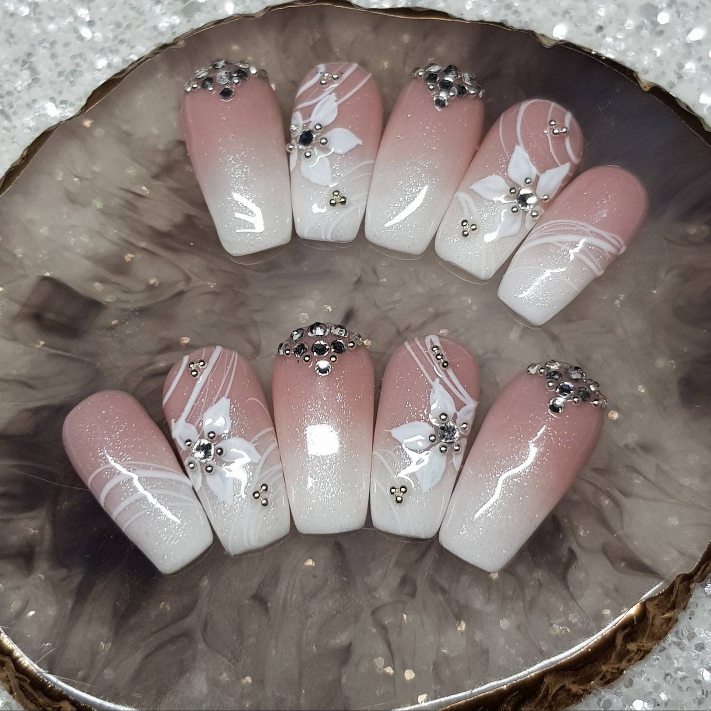 Pink and White Ombre Press on Nails With Hand Painted Floral Etsy