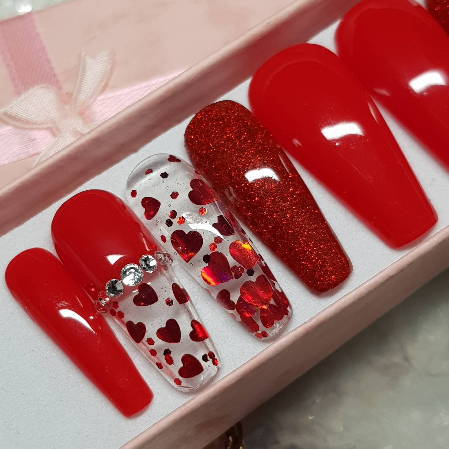 Red Nails Love Hearts Red And Clear Press On Nails Crystals Etsy
