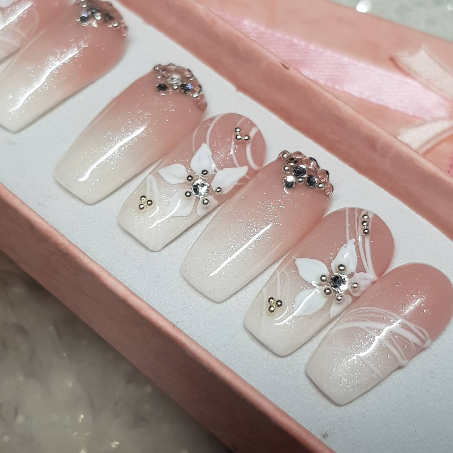 Pink and White Ombre Press on Nails With Hand Painted Floral - Etsy