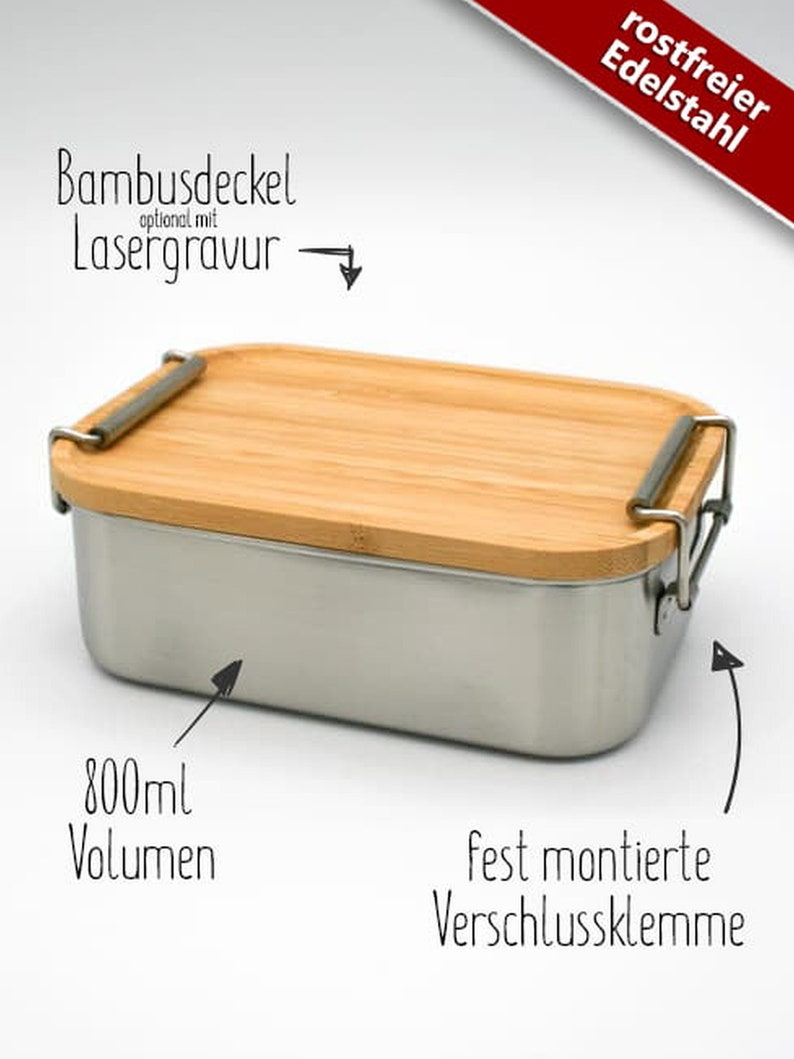 Kompakte Brotzeitbox, 800ml Nachhaltig aus Edelstahl mit Bambusdeckel, personalisierbar: für Kids, Hobby ,Arbeit optional mit Abtrennung Bild 5