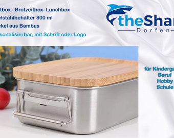 Kompakte Brotzeitbox, 800ml  Nachhaltig aus Edelstahl mit Bambusdeckel, personalisierbar: für Kids, Hobby ,Arbeit  optional mit Abtrennung