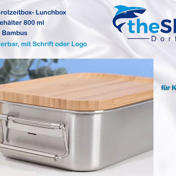 Kompakte Brotzeitbox, 800ml  Nachhaltig aus Edelstahl mit Bambusdeckel, personalisierbar: für Kids, Hobby ,Arbeit  optional mit Abtrennung
