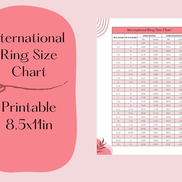 Printable International Ring Size Chart - US, Canada, UK, Australia - Boho Design