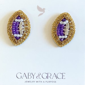 Purple and Gold Beaded GameDay Football Stud Earrings