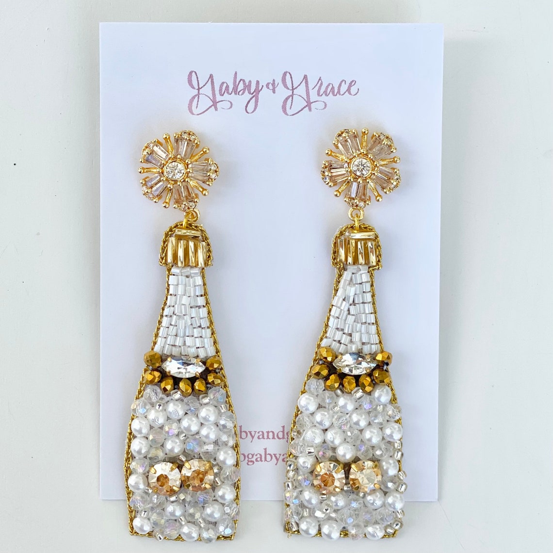 White and Gold Champagne Bottle Earrings Bridal Earrings Etsy