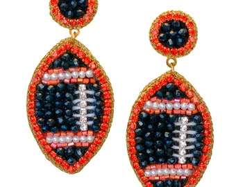 Navy and Orange Beaded GameDay Football Earrings