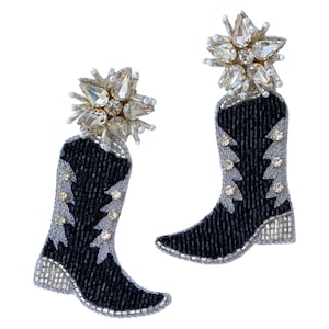 Rhinestone Cowgirl Black and Silver Cowboy Boot Earrings, Rodeo Earrings, Rodeo Accessories, Western Earrings, Western Accessories