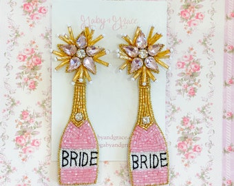 Handmade BRIDE Champagne Bottle Earrings, Bridal Shower Earrings