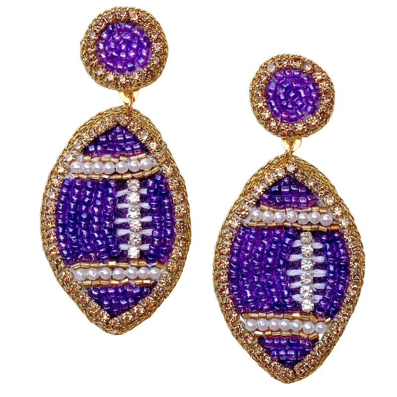 Purple & Gold Football Dangle Earrings Thread main image 1