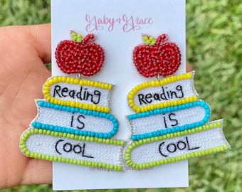 Apple Book Earrings, Teacher Gift, Handmade Beaded Dangle