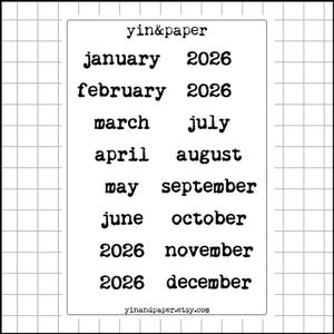 May include: A white sticker sheet with black text featuring the months of the year and the year 2026. The sticker sheet includes the text "yin&paper" at the top and "yinandpaper.etsy.com" at the bottom.