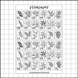 Op de afbeelding: Een stickervel met een raster van 31 genummerde vakjes, elk met een zwart-wit botanische illustratie. De stickers zijn gemarkeerd met de tekst "yin&paper" en "yinandpaper.etsy.com".