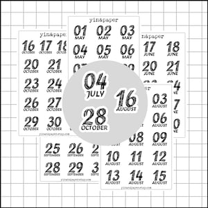 May include: A set of black and white handwritten number stickers for planners and journals. The stickers include the numbers 1 through 31, as well as the months of January, February, March, April, May, June, July, August, September, October, November, and December.