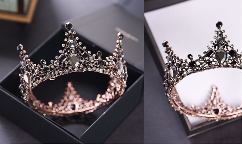 Black Crystal Bridal Crown Rose Gold Wedding Crown Royal Crown For Bride Baroque Wedding Tiara Boho Vintage Bridal Tiara Wedding Headpiece