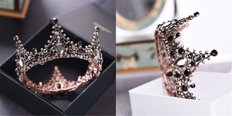 Black Crystal Bridal Crown Rose Gold Wedding Crown Royal Crown For Bride Baroque Wedding Tiara Boho Vintage Bridal Tiara Wedding Headpiece