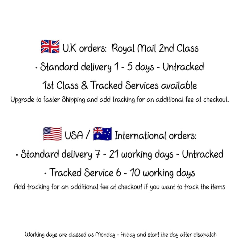 Puede incluir: Informaci&oacute;n de env&iacute;o para pedidos del Reino Unido e internacionales. Los pedidos del Reino Unido se env&iacute;an a trav&eacute;s de Royal Mail 2nd Class con entrega est&aacute;ndar en 1-5 d&iacute;as. Los pedidos internacionales se env&iacute;an con entrega est&aacute;ndar en 7-21 d&iacute;as h&aacute;biles. Ambas opciones no se rastrean. El env&iacute;o rastreado est&aacute; disponible por una tarifa adicional.