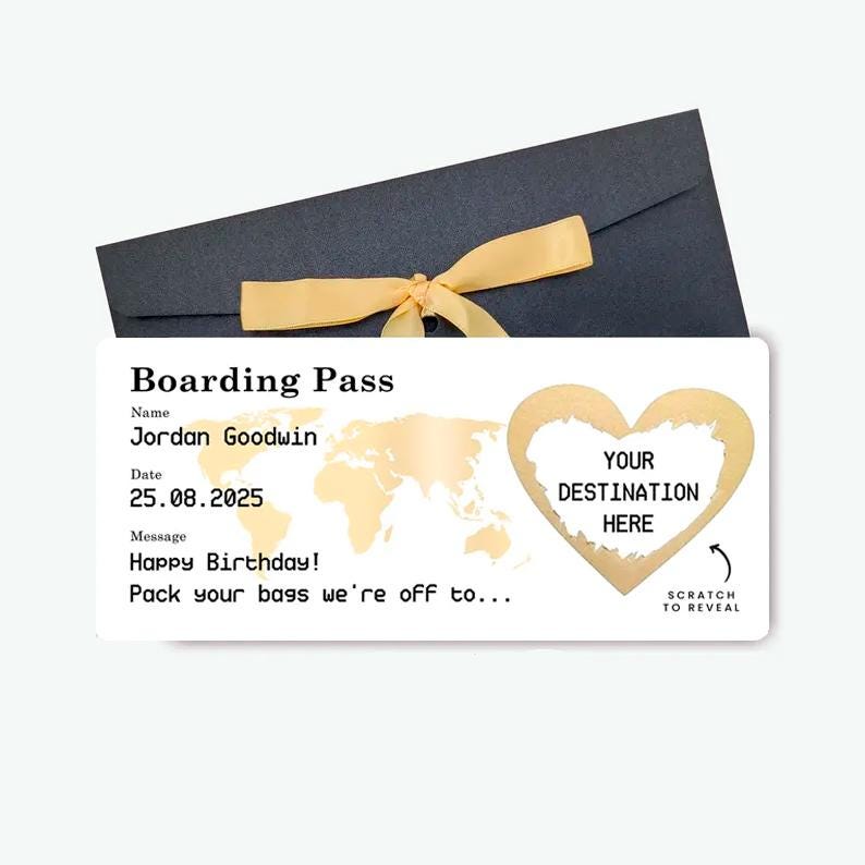 May include: A white boarding pass with gold accents, featuring a world map and a heart-shaped cutout. Text includes "Boarding Pass," "Jordan Goodwin," "25.08.2025," and "Happy Birthday!" A dark envelope with a gold ribbon is in the background.