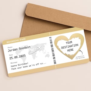 Billet personnalisé avec la carte d'embarquement à gratter, cadeau des fêtes à gratter, faire-part de voyage surprise, carte de bon de voyage personnalisée, gif poule