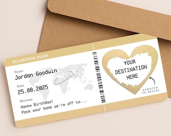 Personalised Scratch Off Boarding Pass Ticket, Scratch Reveal Holiday Gift, Surprise Trip Announcement, Custom Travel Voucher Card, Hen Gif