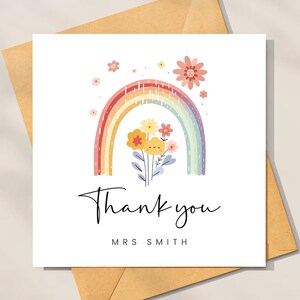 Carte de remerciement arc-en-ciel et fleurs pour professeur