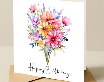 Birthday card, Floral birthday card, ladies birthday card, Flower birthday card, birthday card with bright flowers
