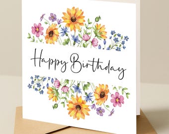 Birthday card, Floral birthday card, ladies birthday card, Flower birthday card, birthday card with bright flowers