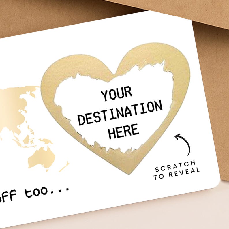 Custom travel gift boarding pass with scratch-to-reveal destination. Includes recipient name “Jordan Goodwin”, date “25.08.2025”, birthday message, and gold heart scratch-off on a world map background. Presented with a brown envelope, ideal for surprise trips, honeymoon gifts, or birthday travel reveals.
