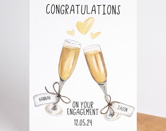 Engagement Card, Champagne Glasses, Personalised Names and date, Congratulations On Your Engagement Greeting Card