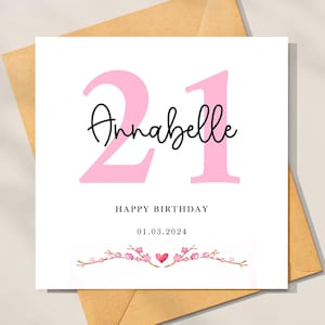 Carte d'anniversaire personnalisée pour fille de 21 ans, carte d'anniversaire personnalisée pour elle, carte d'anniversaire 21 ans, cadeau d'anniversaire pour sœur, amie