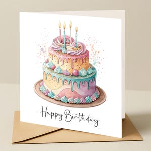 Carte d'anniversaire, carte d'anniversaire de gâteau d'anniversaire coloré, carte d'anniversaire de dames, carte d'anniversaire de gâteau, carte d'anniversaire avec le gâteau coloré lumineux