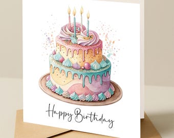 Birthday card, Colourful Birthday Cake birthday card, ladies birthday card, Cake birthday card, birthday card with bright Colourful Cake