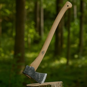 May include: A wood-handled axe with a silver blade is embedded in a tree stump. The axe has a long, curved handle and a sharp, beveled edge. The background is a blurred forest scene.