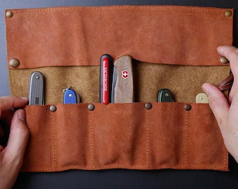 Werkzeugrolle aus Leder für Bushcraft und Holzbearbeitung – Mehrzweck-Rolltaschen aus Rindsleder mit 5 Fächern | Tolle Geschenke für Tischler oder Holzarbeiter