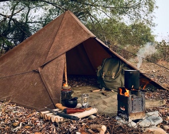 Bâche artisanale en peau d’huile Bushcraft - Toile de coton cirée faite à la main Nessmuk Tarp pour les campings | Essentiels du terrain de camping, trousse de camping