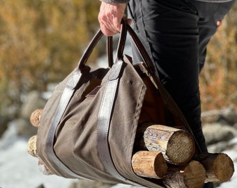 Oilskin and Leather LOG CARRIER - A Heavy Duty Waxed Canvas Carrier for Firewood - perfect for Bushcraft and Outdoor gifts - Made in Spain