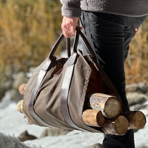 Nośnik drewna opałowego z olejowanej skóry i skóry – wytrzymały, woskowany płócienny nośnik drewna opałowego – idealny do bushcraftu i prezentów na świeżym powietrzu – wyprodukowano w Hiszpanii