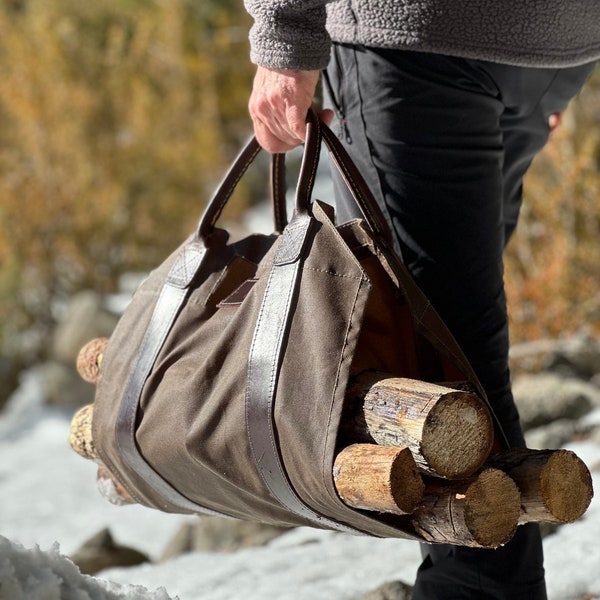 Oilskin and Leather LOG CARRIER - A Heavy Duty Waxed Canvas Carrier for Firewood - perfect for Bushcraft and Outdoor gifts - Made in Spain