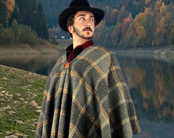 Poncho 100% laine Shetland - Tissé artisanalement en Espagne, un vêtement fait main pour l'hiver, le bushcraft, le camping ou un cadeau spécial pour tous