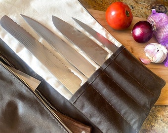Oilskin Waxed Canvas Chef Knife Roll Pouch for the Kitchen or Barbecue