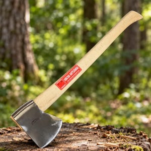 May include: A hand axe with a polished metal head and a light-coloured wooden handle. A rectangular red sticker is affixed to the handle, featuring the white text HACHA ARTESANAL and a small logo. The axe is resting on a tree stump.