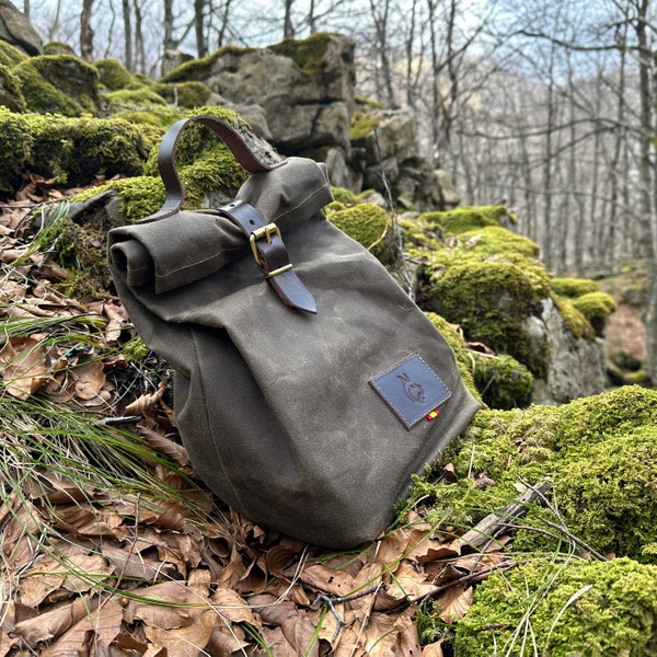 Lunchtasche aus Ölzeug-Canvas für Bushcraft und Camping – praktische Tasche für Kochutensilien und Lebensmittel – hochwertige gewachste Baumwolle und Leder