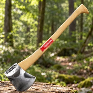 May include: A hand axe with a polished steel head featuring the stamped text URNIETA and a light-colored wooden handle. A rectangular red sticker on the handle displays the white text HACHA ARTESANA. The axe is positioned upright.