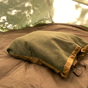 Bushcraft Spain Oilskin & Wool Nap-Sack, Pillow, Storage bag, Seat Pad, Working Surface and more 100% leather straps and Olive Wood toggles image 2