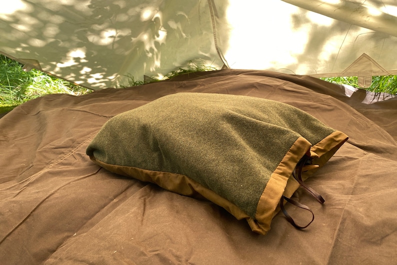 Bushcraft Spain Oilskin & Wool Nap-Sack, Pillow, Storage bag, Seat Pad, Working Surface and more 100% leather straps and Olive Wood toggles image 2